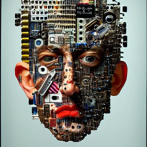 Image similar to portrait photo of a man made from computer parts, Perfect face, extremely high details, realistic, by Giuseppe Arcimboldo, Edward Hopper, Rene Margitte