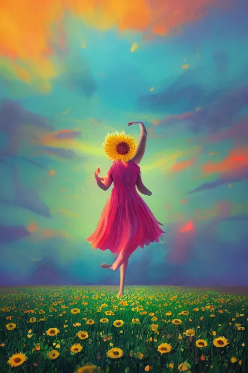 Prompt: giant daisy flower as head, girl dancing in a flower field, surreal photography, sunrise, dramatic light, impressionist painting, colorful clouds, digital painting, artstation, simon stalenhag, coherent