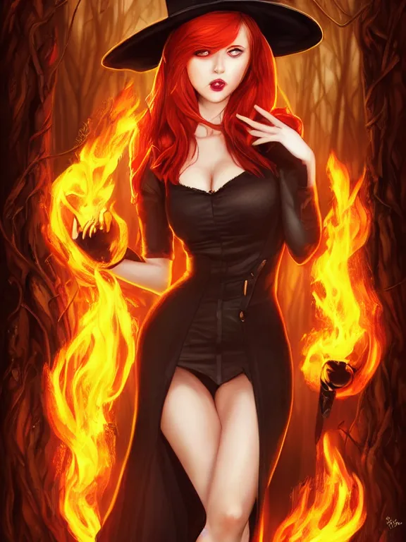 Prompt: full portrait of a dark fantasy female pyromancer, smug, skintight dress, black camisole, cloak, redhead, yellow eyes, top hat, finesse, key visual, realistic shaded perfect face, fire, fine details, forest background, smooth, highly detailed, digital illustration, by artgerm, rossdraws, frank franzzeta