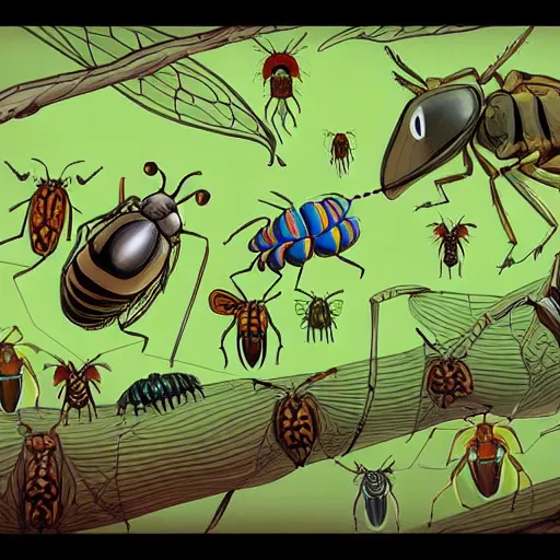 Prompt: An infinite world full of grasshoppers, worms and bugs, rendered in a stylized cartoony style with hand-drawn illustrations, cel-shading, 8K. Original concept artwork for fantasy worlds filled with creepy crawly insects and other animals, based on popular fiction.