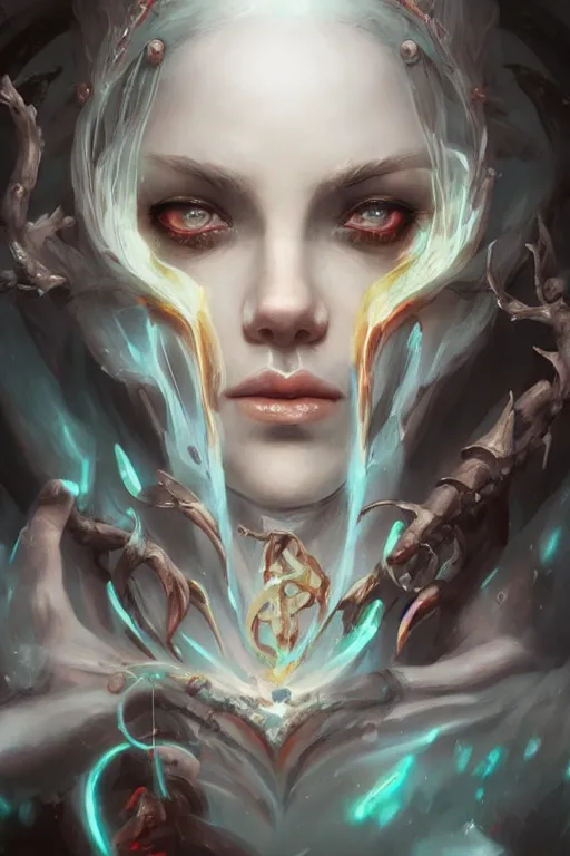 Prompt: face closeup beautiful girl necromancer covered with sculls, wizard of the coast casting magic spell, angel, magic storm and thunder clouds, fantasy, magic the gathering, hyper detailed, 3 d render, hyper realistic detailed portrait, peter mohrbacher