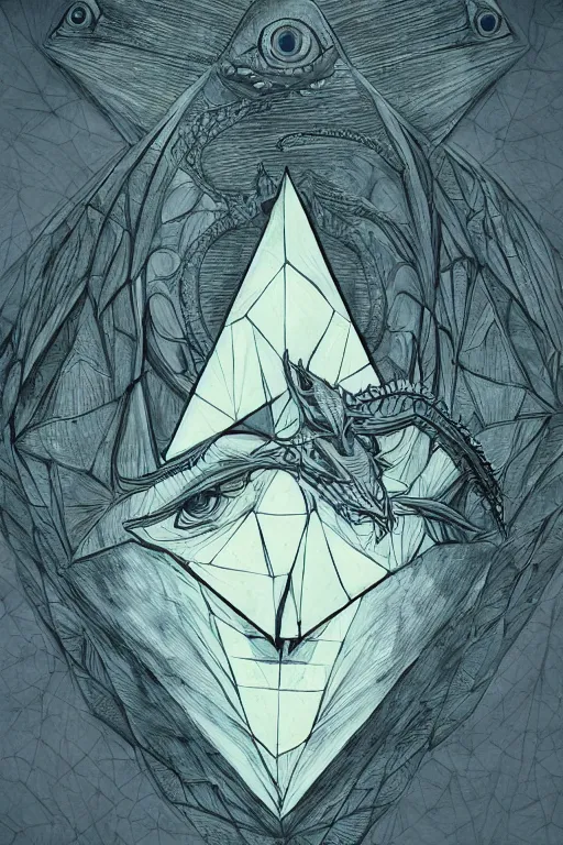 Prompt: portrait of triangle and dragon shaped head with single centered giant diamond eye, in the style of Greg Broadmore and Arthur Rackham,trending on artstation, light lighting side view,digital art,surrealism ,macro,blueprint ,vaporwave ,