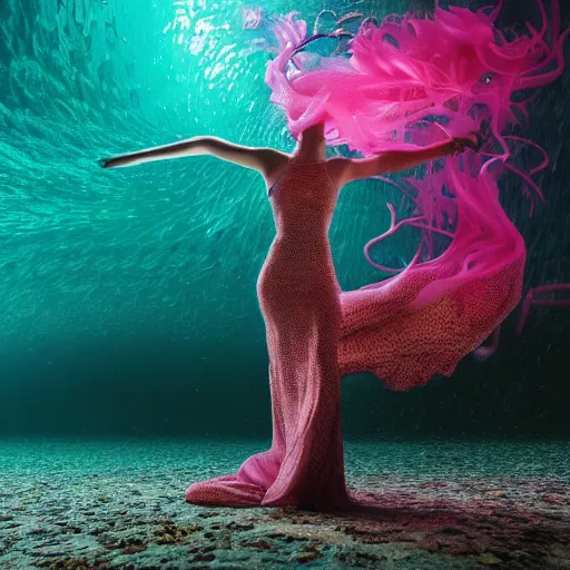 Prompt: woman dancing underwater wearing a very long flowing dress made of a chaos of neon colors and lights, coral sea bottom, swirling schools of silver fish, swirling smoke shapes, octane render, caustics lighting from above, cinematic, hyperdetailed