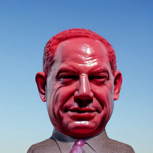 Image similar to a giant benjamin netanyahu head, sculpture made out of juicy and transparent red jelly in the sea, long shot, hyper detailed, hyper realistic, ray tracing, 8 k resolution, sharp focus, realistic water, award winning