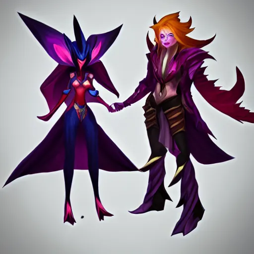 Image similar to league of legends, xayah and kai'sa pose together, best friends, funny, flirty, smiling, photo