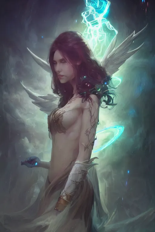 Prompt: beautiful girl necromancer, wizards of the coast, casting magic spell, angel, 3 d render, hyper realistic detailed portrait, magic storm, thunder, ruan jia, wlop. scifi, fantasy, magic the gathering, hyper detailed, octane render, concept art, peter mohrbacher