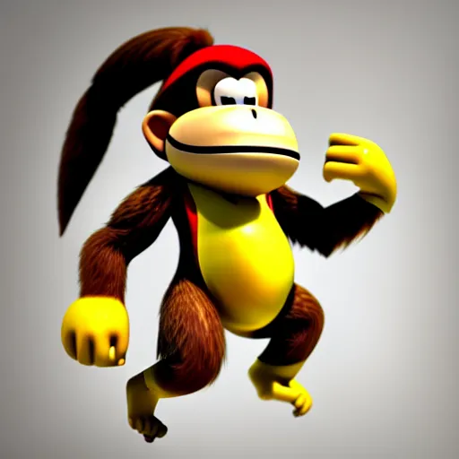 Image similar to Donkey Kong stepping on a banana. The banana is on the ground, Donkey Kong is above the banana. 3D render