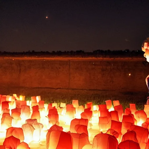 Prompt: a little girl watching hundreds of chinese sky lanterns in the night sky