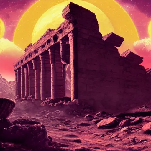 Image similar to ancient ruins on the moon, retrowave epic art, trending on art station