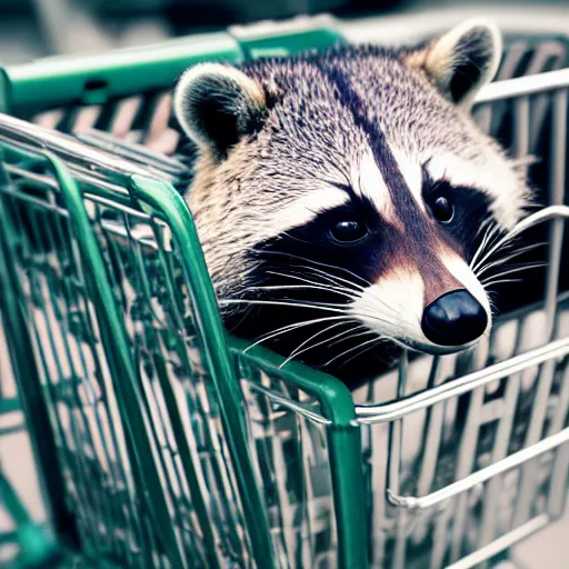 Prompt: raccoon in a shopping cart f 1. 8