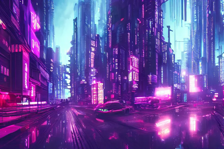 Prompt: A matte painting of street, under immense cyberpunk skyscrapers, night, neon, blade runner, photorealistic, 4K, Trending on artstation., Neon blue-violet color scheme, neon cyberpunk city from Akira