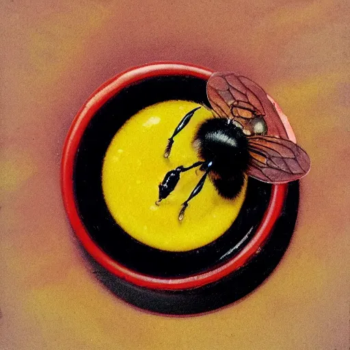 Prompt: a dark bloody ritual spell with a dead bumblebee at the middle of a bullseye of salt, art nouveau