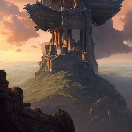 Prompt: Red dragons flying high above an ancient roman temple perching on top of a mountain rising out of a sea of clouds in a blue sky. Detailed art by Marc Simonetti, Greg Rutkowski, trending on artstation, fantasy