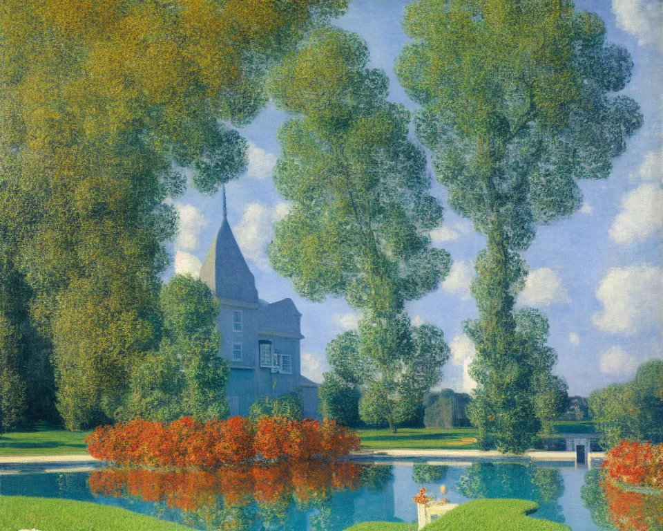 Prompt: achingly beautiful painting of a sophisticated, well - decorated pool house in autumn by rene magritte, monet, and turner.