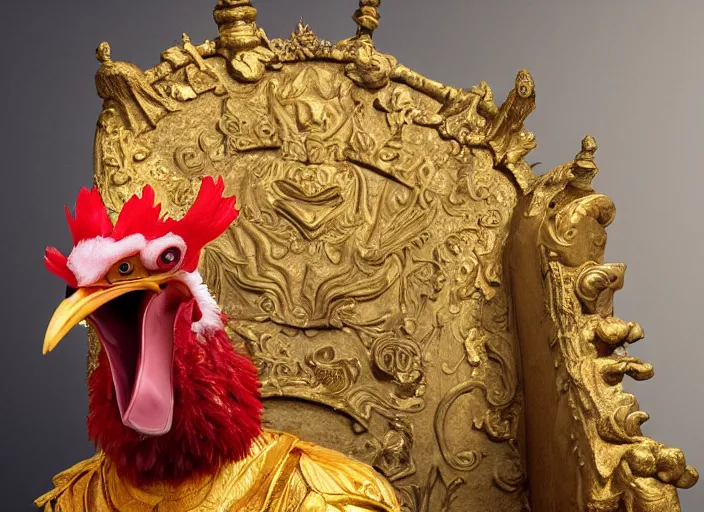 Image similar to medium shot portrait of the emperor of japan dressed as a chicken with a scary smile, sitting on his throne, highly detailed painting by craig mullins, 4 k resolution, trending on artstation, 8 k, man dressed as a chicken