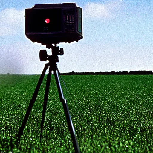 Prompt: wide view of an alien tripod walking in a field, aiming its laser at nearby peasants, 90s VHS TV still