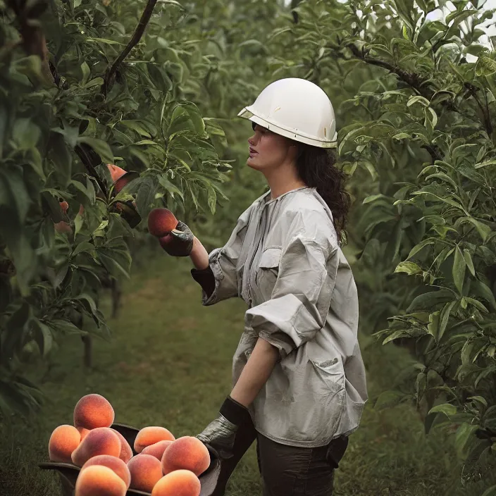 Prompt: a closeup portrait of a woman wearing a helmet made of plastic and mylar, picking peaches from a tree in an orchard, foggy, moody, photograph, by vincent desiderio, canon eos c 3 0 0, ƒ 1. 8, 3 5 mm, 8 k, medium - format print