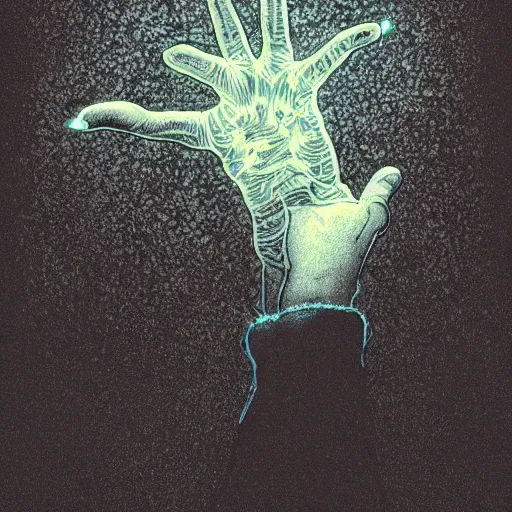 Prompt: portrait of glowing hand casting holy spell , in the style of Greg Broadmore and junji ito and Arthur Rackham and Moebius, trending on artstation, light lighting side view,digital art,surrealism ,macro,blueprint ,vaporwave ,