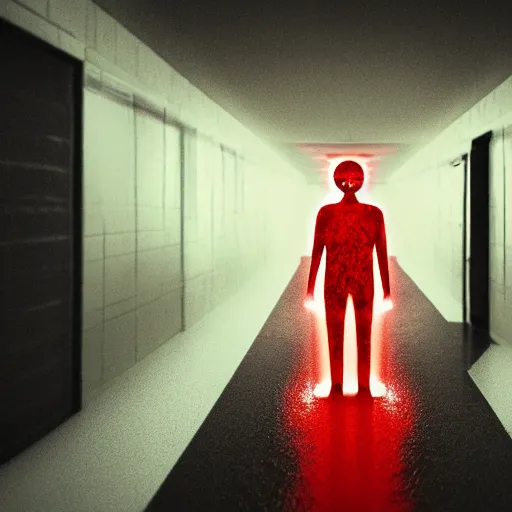 Prompt: photograph of an extremely dark narrow hallway with glowing humanoid cryptid made out of television static, dark deep black shadows, red and black color contrast in the style of trevor henderson, liminal space, 3 d octane render, glitch effect