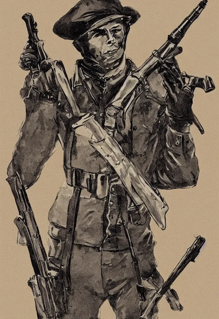 Prompt: 1 9 0 0 s soldier holding a rifle. 5 0 s comic book. warm moody evening light dramatic light. comic book illustration