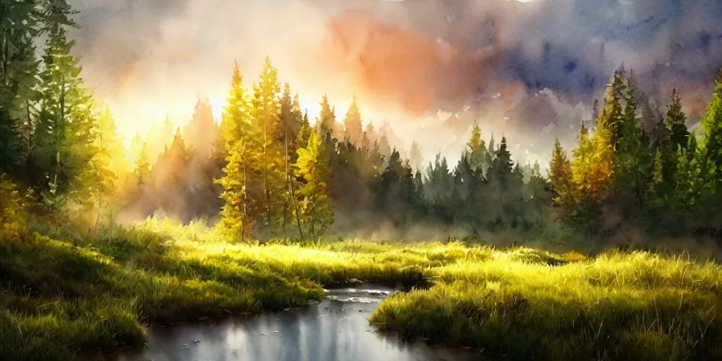 Prompt: nature landscape, watercolor, ultra realistic, highly detailed, hd, sharp focus, cinematic lighting, warm colors, realistic, photorealistic, vivid colors, painting, digital art, non blurry, sharp, artstation, smooth, illustration