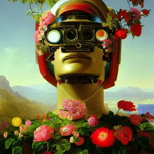 Image similar to a vaporwave painting by Thomas Cole of a robot head with flowers growing out, highly detailed