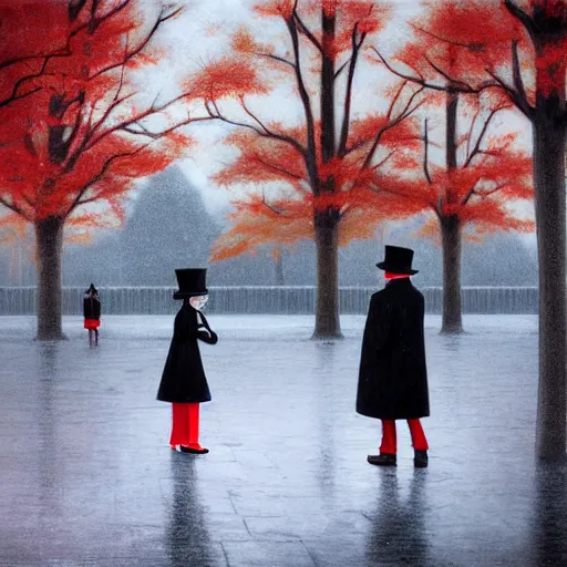 Image similar to a thin man in a black coat and bowler hat talks with small young girl who is dressed in a red coat and a red hat, park, autumn, 1923, wide angle, high detail, By Makoto Shinkai, Stanley Artgerm Lau, WLOP, Rossdraws, James Jean, Andrei Riabovitchev, Marc Simonetti, krenz cushart, Sakimichan, D&D trending on ArtStation, digital art, width 768