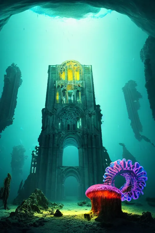 Image similar to high quality photo of cinematic underwater dystopian cyber - gothic cathedral ruins with giant bioluminescent colorful mutant plants and cyborg jellyfish, digital art masterpiece, aykut aydogdu eric zener, dramatic volumetric light, extreme long shot, ground angle uhd 8 k, sharp focus