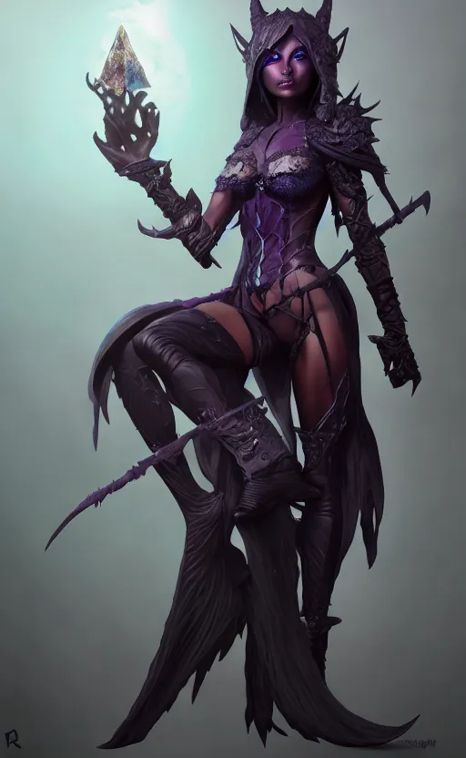 Image similar to full body shot of dark elf witch, highly detailed, d & d, fantasy, highly detailed, digital painting, trending on artstation, concept art, sharp focus, illustration, global illumination, ray tracing, realistic shaded, art by artgerm and greg rutkowski and fuji choko and viktoria gavrilenko and hoang lap,