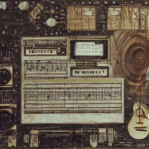 Prompt: electronic music instrument, music scores, da vinci, notebook page, high detail, intricate writing