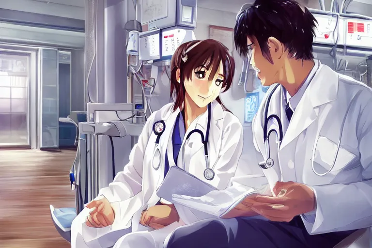 Image similar to a cute and beautiful young female doctor wearing white coat are talking with a handsome young man wearing white coat in a hospital ward, highly detailed, digital painting, slice of life anime, illustration, anime scenery by Makoto shinkai