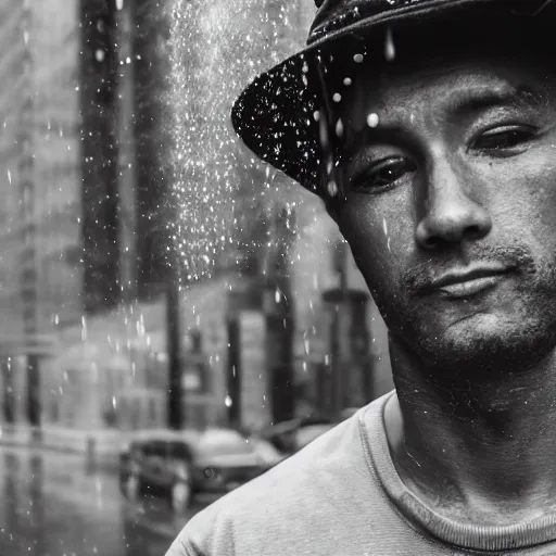 Prompt: closeup portrait of a man fishing in a rainy new york street, photography, natural light