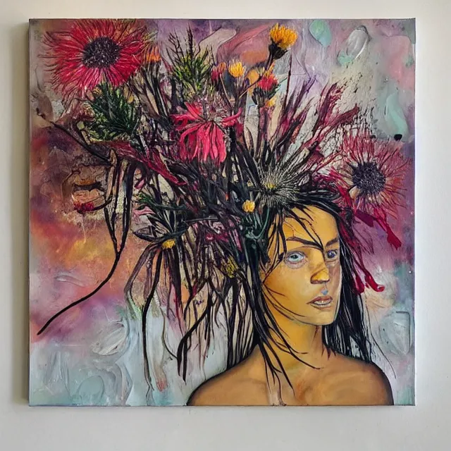 Image similar to “ a portrait in a female art student ’ s apartment, australian wildflowers, sensual, queer woman, flax, flannel flower, bottlebrush, eucalyptus, art supplies, a candle dripping white wax, clay, squashed berries, berry juice drips, acrylic and spray paint and oilstick on canvas, surrealism, neoexpressionism ”