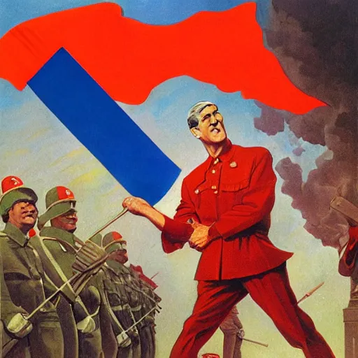 Prompt: soviet propaganda of robert mueller holding soviet flag by j. c. leyendecker, bosch, lisa frank, jon mcnaughton, and beksinski