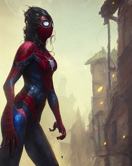 Image similar to a beautiful spiderwoman wearing a magical armor posing in a magical road town, hyper realistic face, fantasy art, in the style of greg rutkowski, illustration, epic, fantasy, intricate, hyper detailed, artstation, concept art, smooth, sharp focus