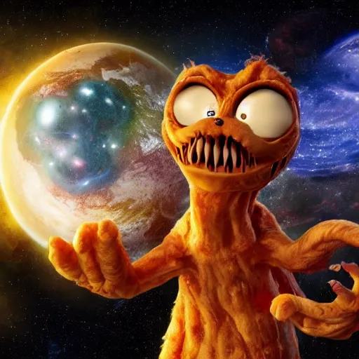 Image similar to eldritch horror bloody garfield in space, hd, 8 k, giant, epic, realistic photo, unreal engine, stars, prophecy, powerful, cinematic lighting, destroyed planet, debris, violent, sinister, ray tracing, dynamic, epic composition, dark, horrific, teeth, grotesque, monochrome drawing, hellscape