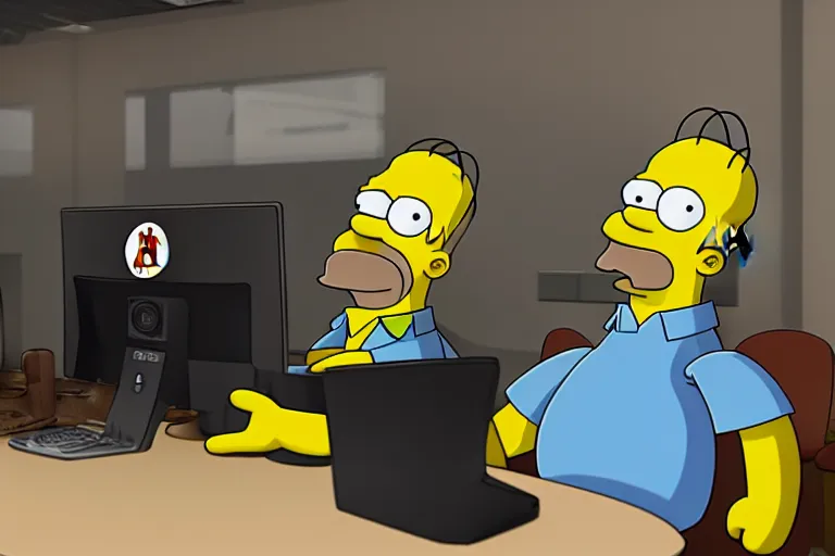 Image similar to Homer Simpson sits at the office table and monitors the fall of Bitcoin and is angry, 3d, CryEngine, 8k, hyperrealism