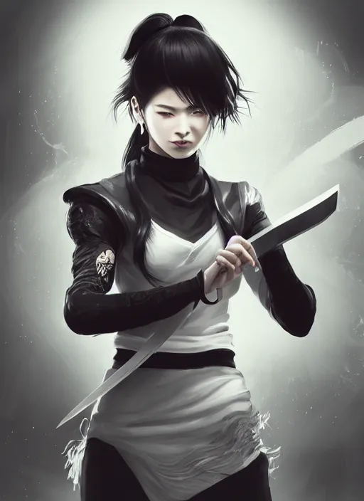 Prompt: a highly detailed illustration of fierce messy ponytail black haired one armed delinquent japanese woman wearing white cap wearing long white jacket, dramatic wielding katana pose, muscular, intricate, elegant, highly detailed, centered, digital painting, artstation, concept art, smooth, sharp focus, league of legends concept art, wlop.