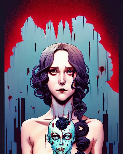 Image similar to artgerm, joshua middleton comic cover art, pretty serial killer maika monroe full body, creepy smiling, covered in blood, symmetrical eyes, symmetrical face, long curly brown hair, standing in front of an abandoned house background