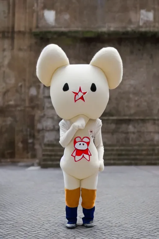 Prompt: 35mm of a very cute, simple minimal, adorable and creative Japanese mascot character costume, full body and head view, very magical and dreamy, designed by Gucci and Wes Anderson, kawaii, magical details