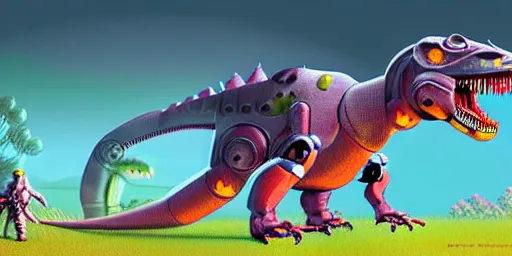 Image similar to a character art rendering of a robot T-rex made of mechanical parts, cartoonish psychedelic paleoart rendering, realistic dinosaur cyborg in the style of simon stålenhag, made with zbrush