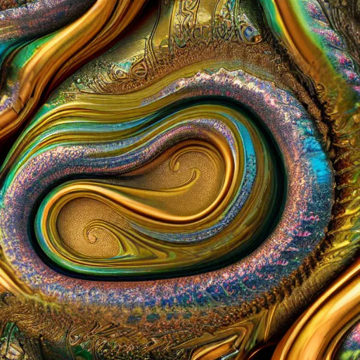 Prompt: Art Nouveau cresting oil slick waves, hyperdetailed bubbles in a shiny iridescent oil slick wave, ornate copper patina medieval ornament, rococo, oganic rippling spirals, octane render, 8k 3D