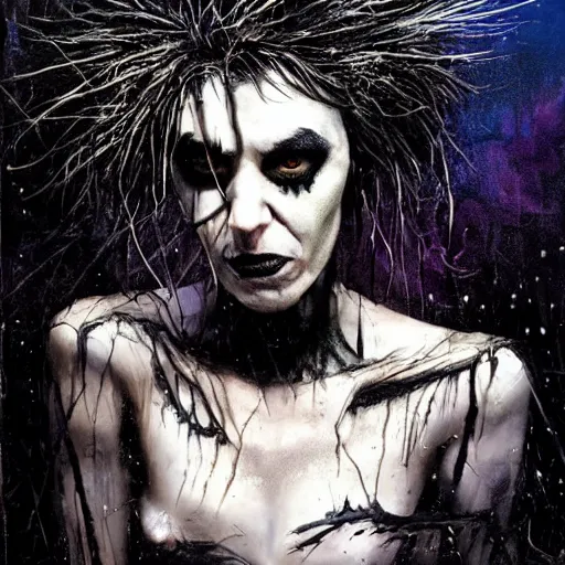 Prompt: emaciated ( the cure fan ) as dream from sandman, dim stars as eyes, by jeremy mann, by cedric peyravernay, by by russ mills, by richard avedon and ben templesmith, dramatic lightning, sadness, dark eye sockets, in the shadows, punk rock, gothic, high detailed, 8 k