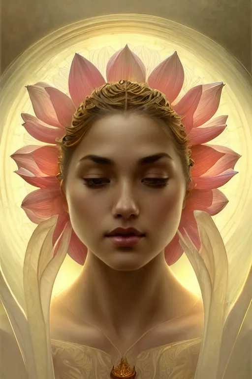 Prompt: perfectly detailed lotus!! blessed by nature with ever - increasing physical mental perfection, symmetrical! intricate, sensual features, highly detailed, biblical divine holy perfection!! digital painting, artstation, concept art, smooth, sharp focus, illustration, art by artgerm and greg rutkowski and alphonse mucha