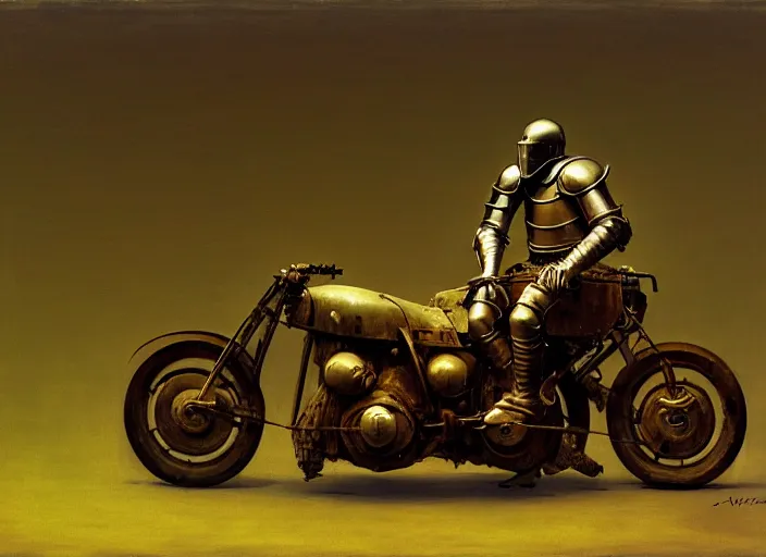 Image similar to knight in armor sitting on a motorcycle, rome, highly detailed, soft lighting, elegant, works by edward hopper and james gillard, zdislaw beksinski, stephen outram, andreas m wiese, highly detailed