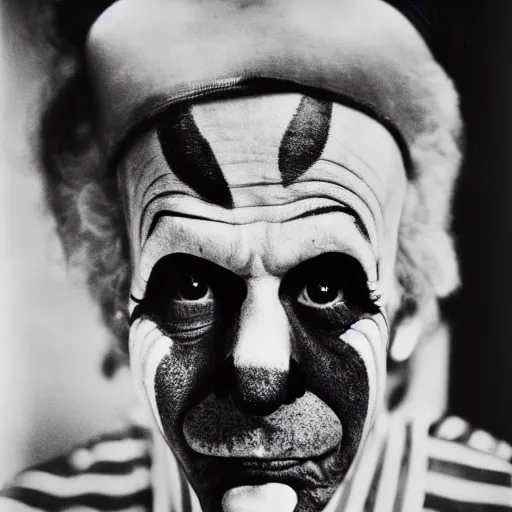 Image similar to portrait of a clown by Diane Arbus, 50mm, black and white photography