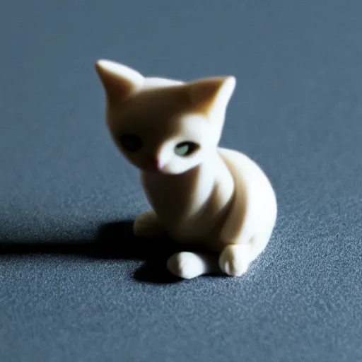 Image similar to very tiny cat, polymer 3 d clay render, 4 k uhd, white background, isometric top down left view, diffuse lightning, zoomed out very far