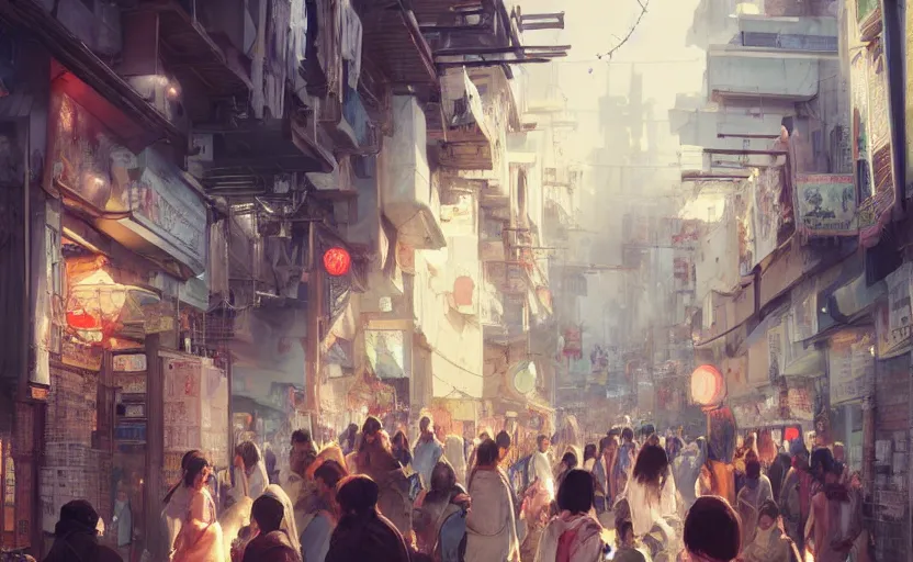 Prompt: A busy and crowded Persian and Japanese style Middle Eastern street .Realistic concept art, 4k, full of details. Digital art. Greg Rutkowski