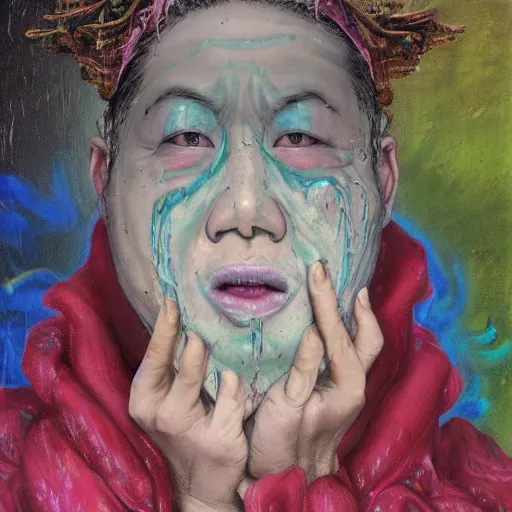 Prompt: chinese prisoner eating melting crayons, wearing victorian regalia, elite, disfigured, drooling, moist, unnatural movement, they are happy, bizzaro, baroque, renaissance, by emedios varo and anato finnstark and fenghua zhong, hyperrealism, 8 k, 3 d, hyperrealism, masterpiece,, texture, captivating, awe inspiring