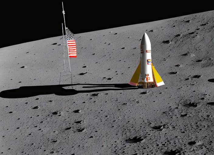 Image similar to a high-definition photograph of a large Lego rocket landing on the moon